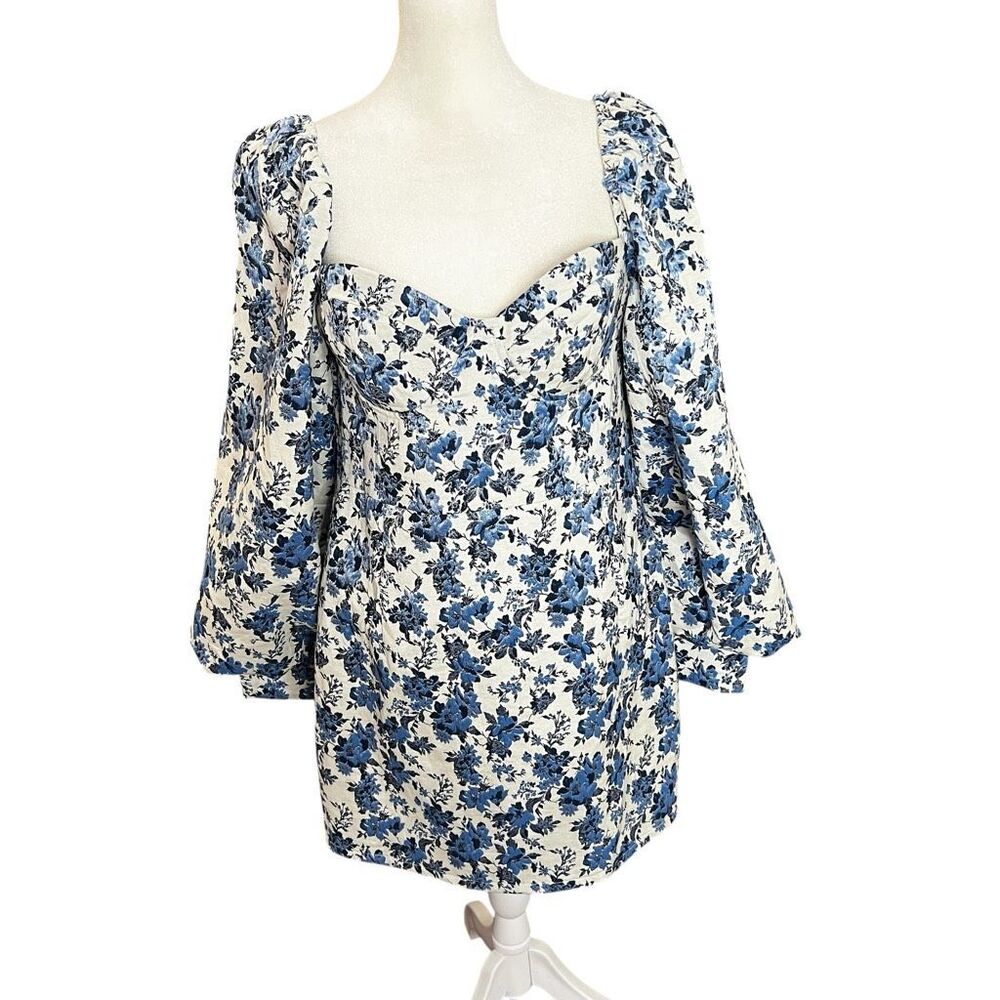 Donnee Par Dieu Blue Toile Floral Corset Peasant Sleeve Blouse L NWT